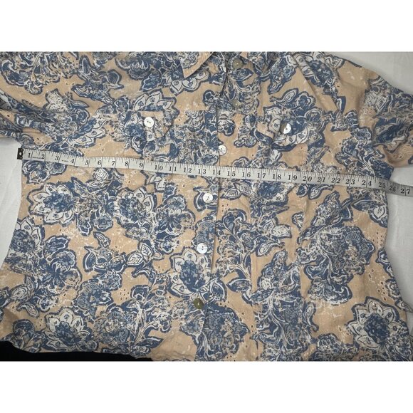 Ruby Rd. Petite 16W Floral Button-Up Shirt Blue & Beige Cotton/Flax - Picture 8 of 15